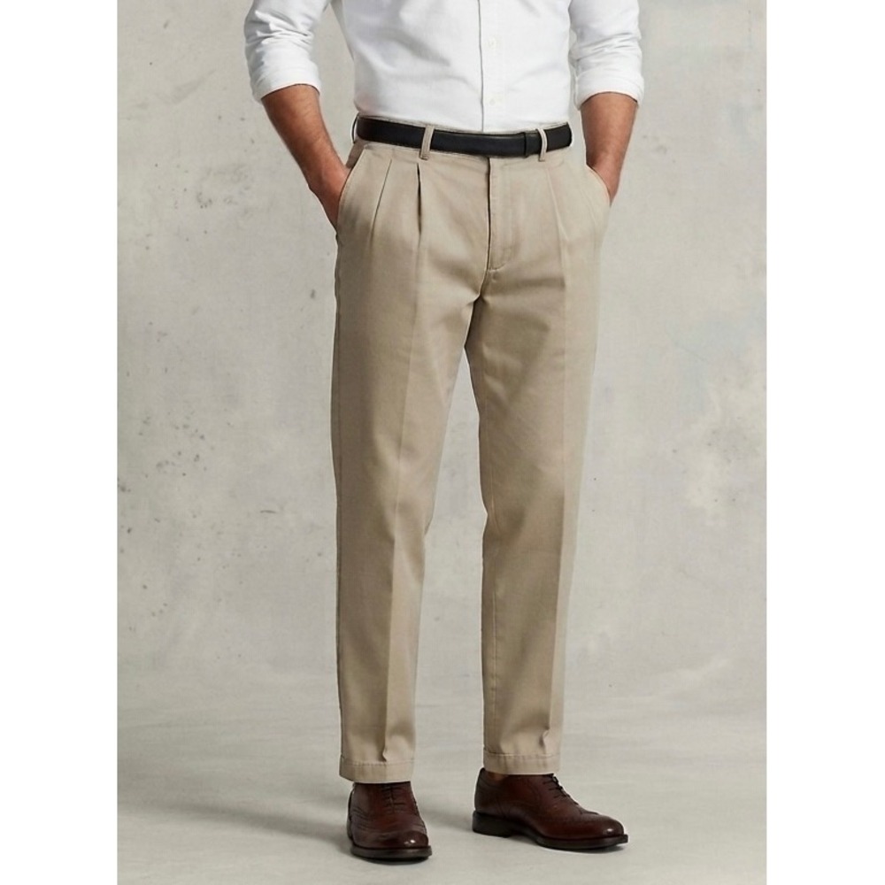 VTG Chaps Ralph Lauren Chino Pants Mens 36x30 Tan Pleated Cotton Twill Trousers